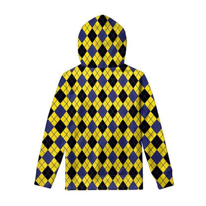 Yellow Blue And Black Argyle Print Pullover Hoodie