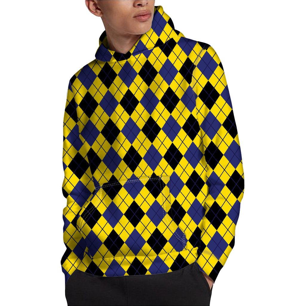 Yellow Blue And Black Argyle Print Pullover Hoodie