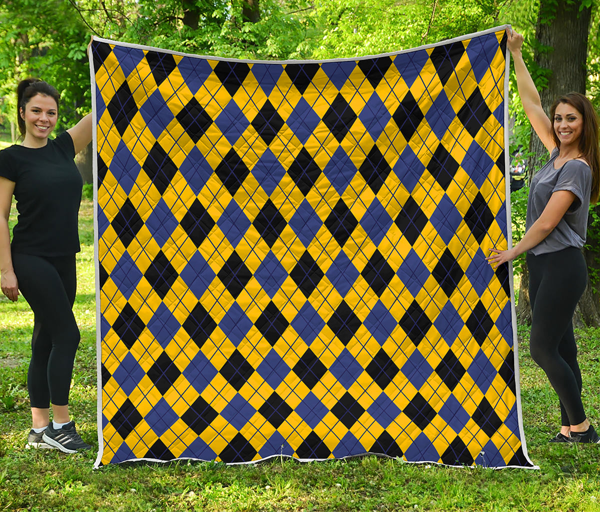 Yellow Blue And Black Argyle Print Quilt