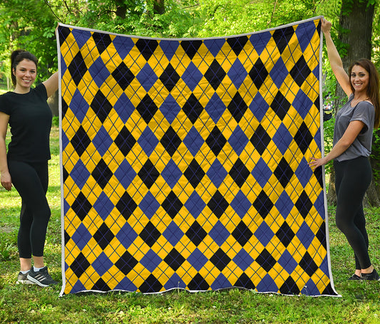 Yellow Blue And Black Argyle Print Quilt