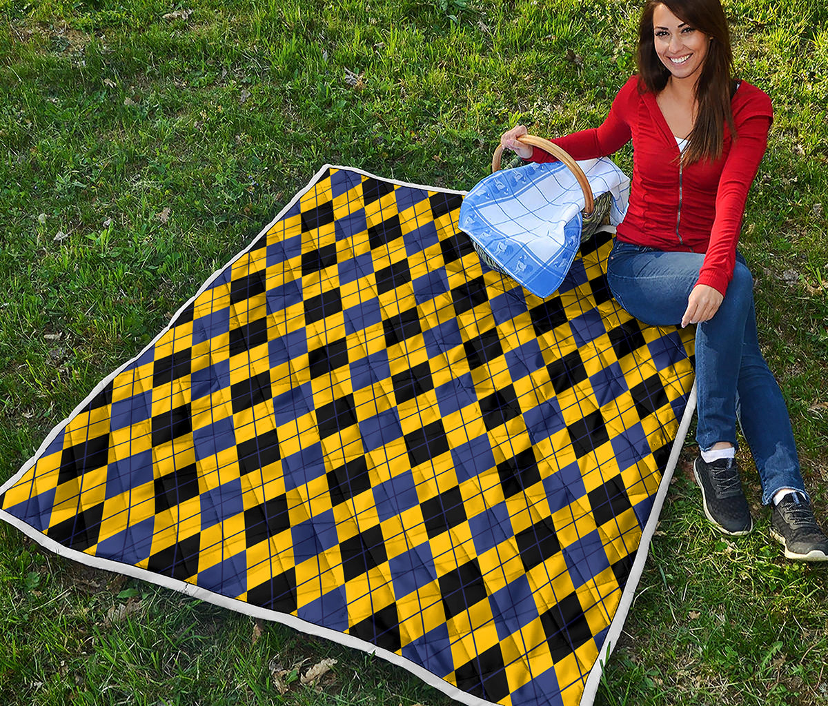 Yellow Blue And Black Argyle Print Quilt