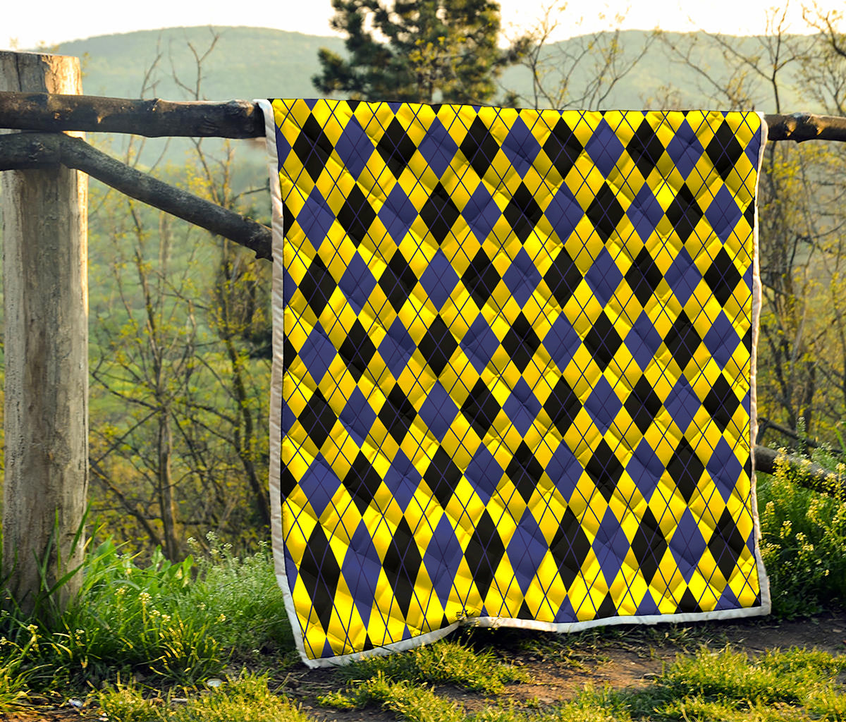 Yellow Blue And Black Argyle Print Quilt