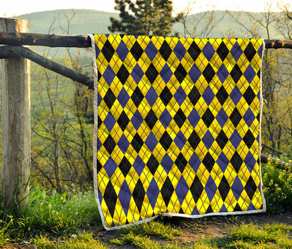 Yellow Blue And Black Argyle Print Quilt