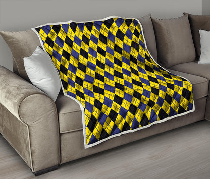 Yellow Blue And Black Argyle Print Quilt