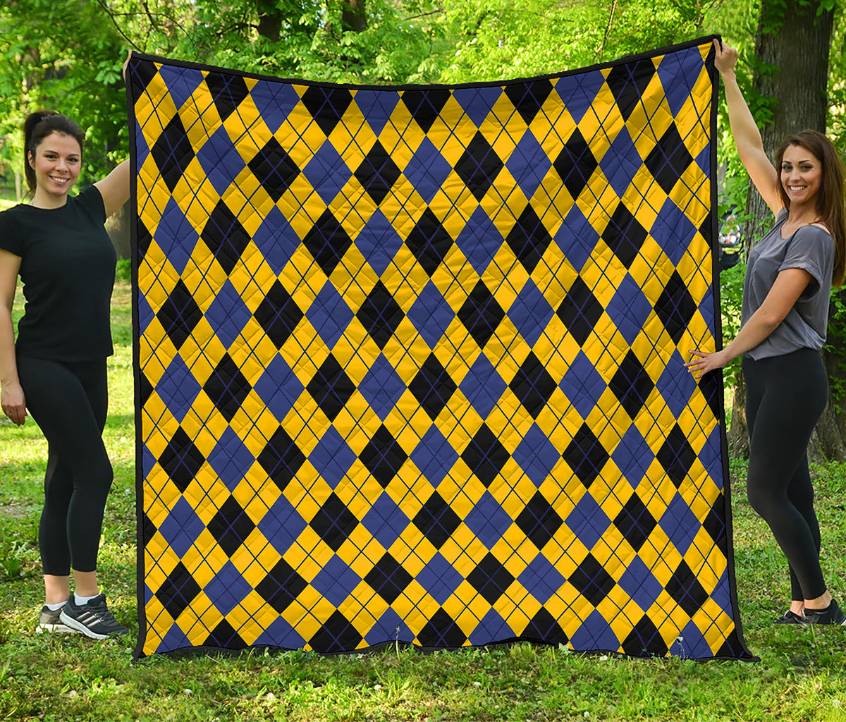 Yellow Blue And Black Argyle Print Quilt