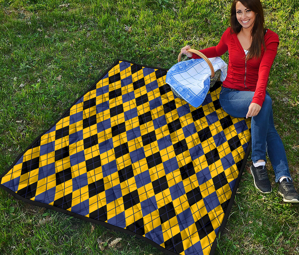 Yellow Blue And Black Argyle Print Quilt