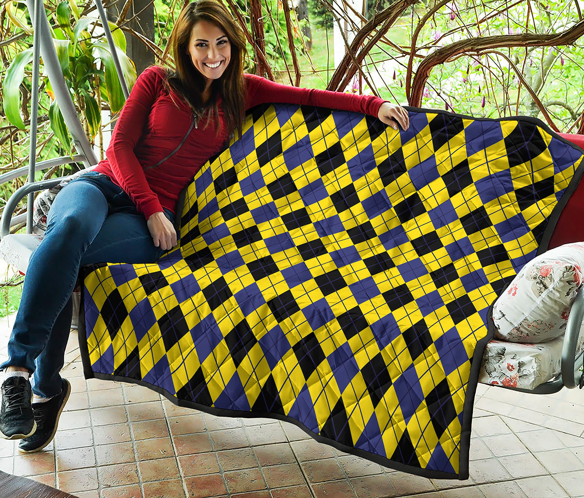Yellow Blue And Black Argyle Print Quilt