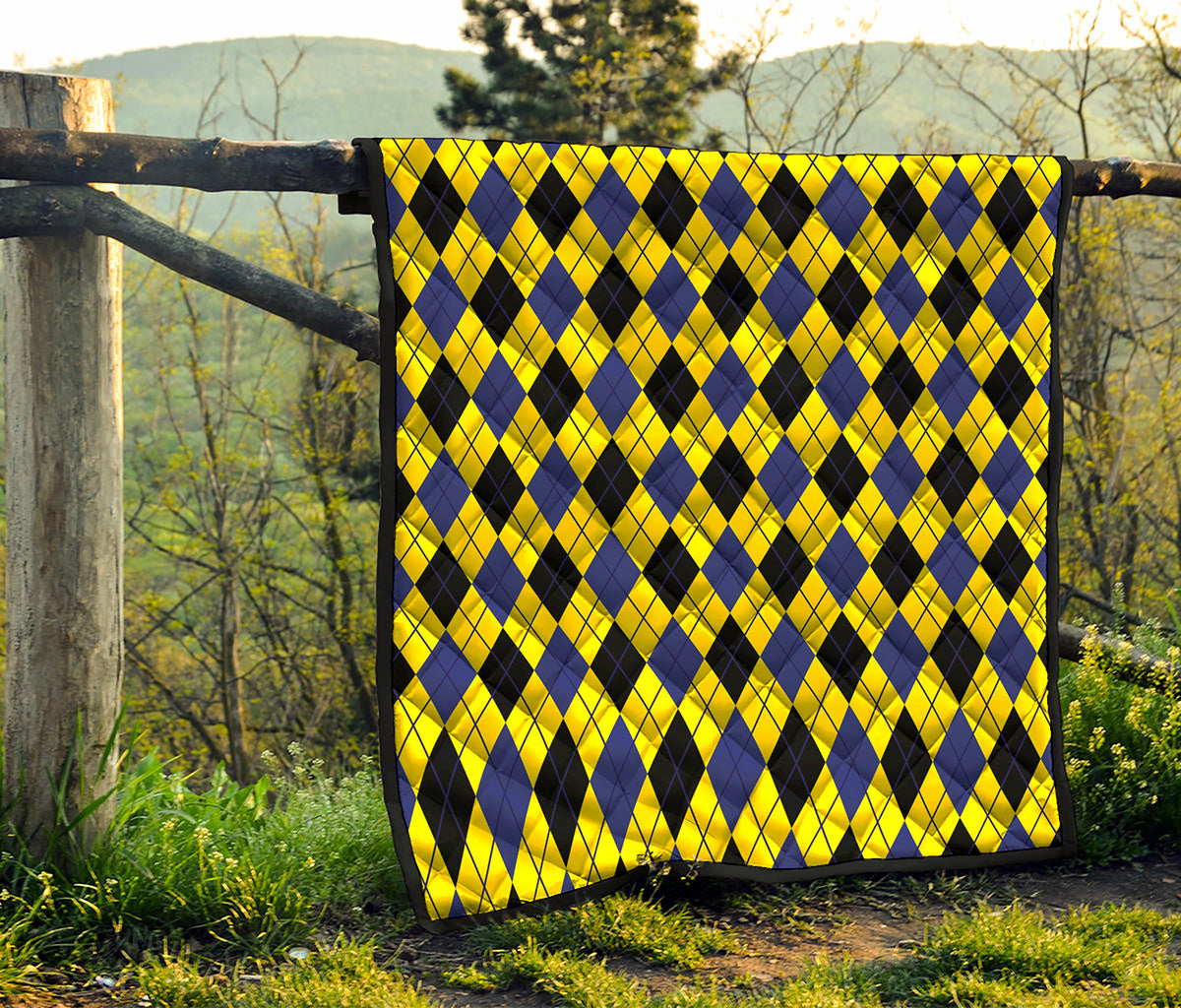 Yellow Blue And Black Argyle Print Quilt