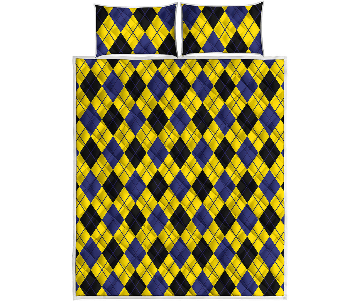 Yellow Blue And Black Argyle Print Quilt Bed Set