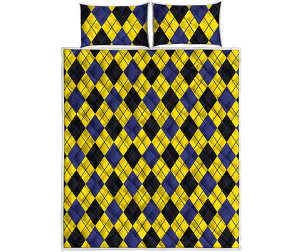 Yellow Blue And Black Argyle Print Quilt Bed Set