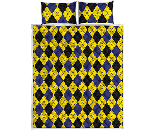 Yellow Blue And Black Argyle Print Quilt Bed Set