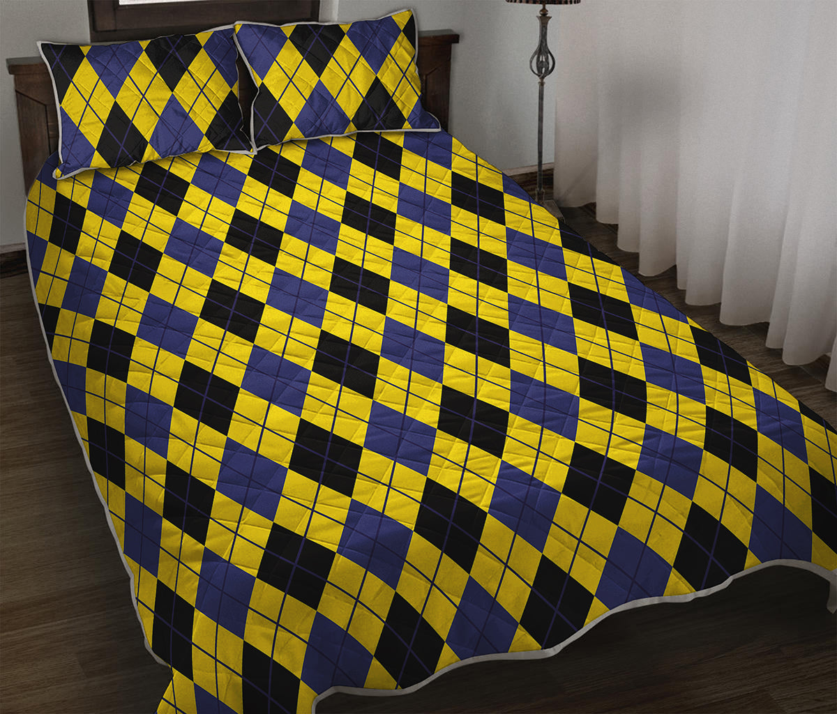 Yellow Blue And Black Argyle Print Quilt Bed Set