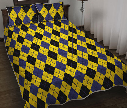 Yellow Blue And Black Argyle Print Quilt Bed Set