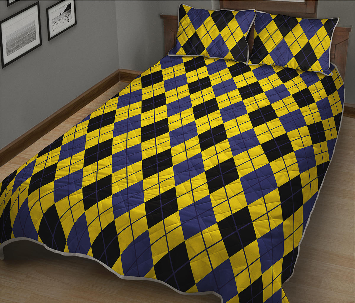 Yellow Blue And Black Argyle Print Quilt Bed Set