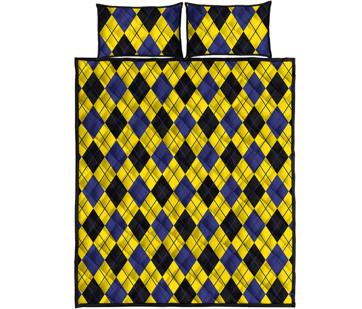 Yellow Blue And Black Argyle Print Quilt Bed Set
