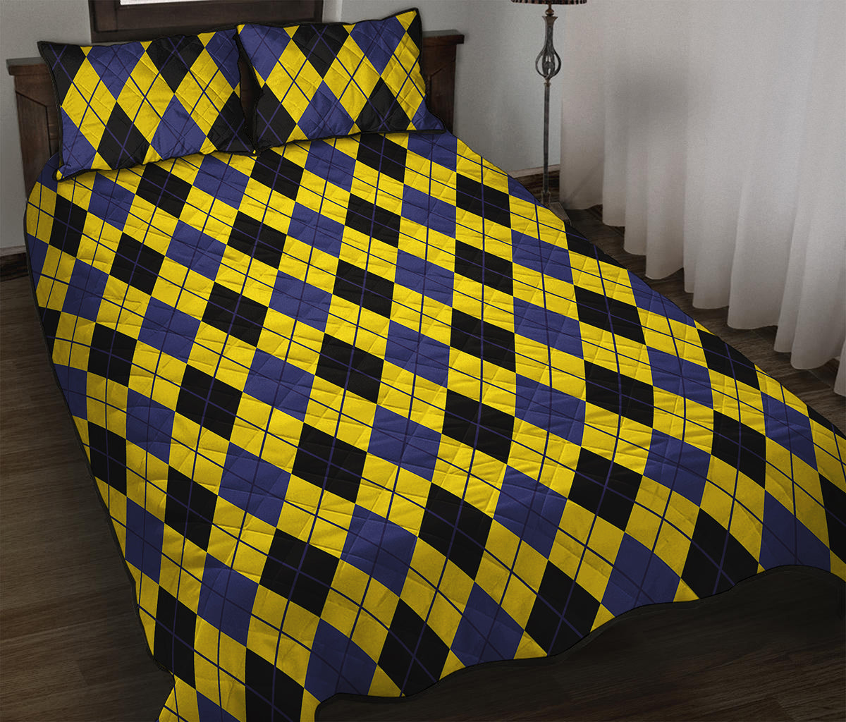 Yellow Blue And Black Argyle Print Quilt Bed Set