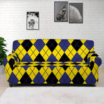 Yellow Blue And Black Argyle Print Sofa Cover