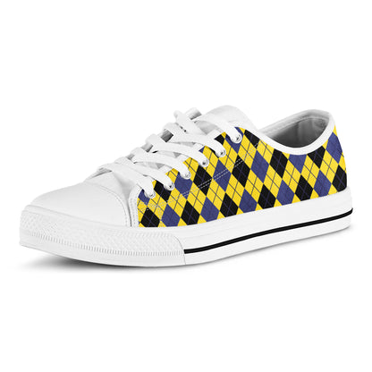 Yellow Blue And Black Argyle Print White Low Top Shoes