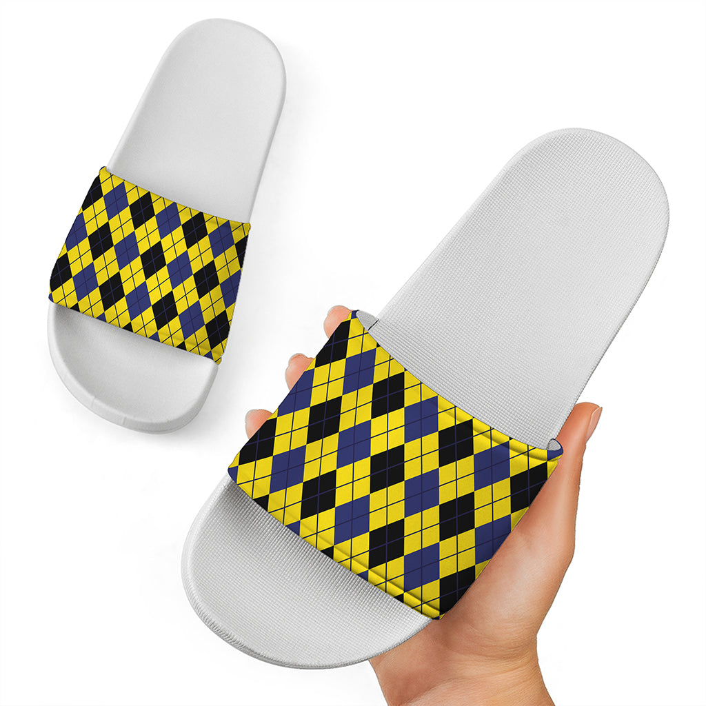Yellow Blue And Black Argyle Print White Slide Sandals