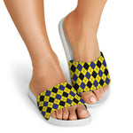 Yellow Blue And Black Argyle Print White Slide Sandals