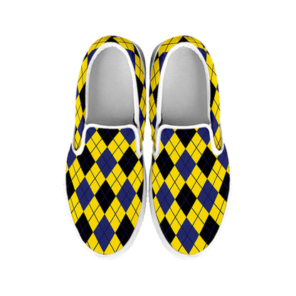 Yellow Blue And Black Argyle Print White Slip On Shoes