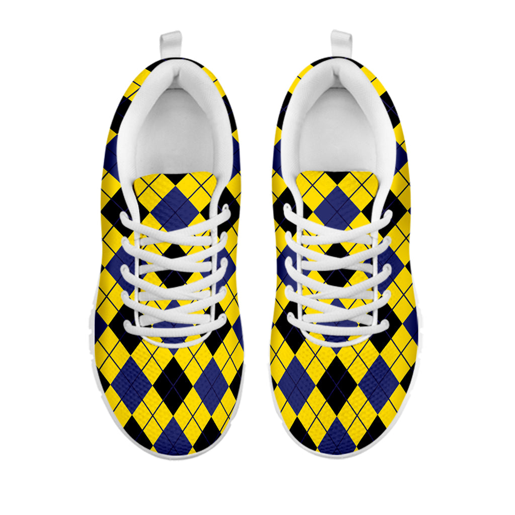 Yellow Blue And Black Argyle Print White Sneakers