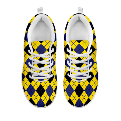 Yellow Blue And Black Argyle Print White Sneakers