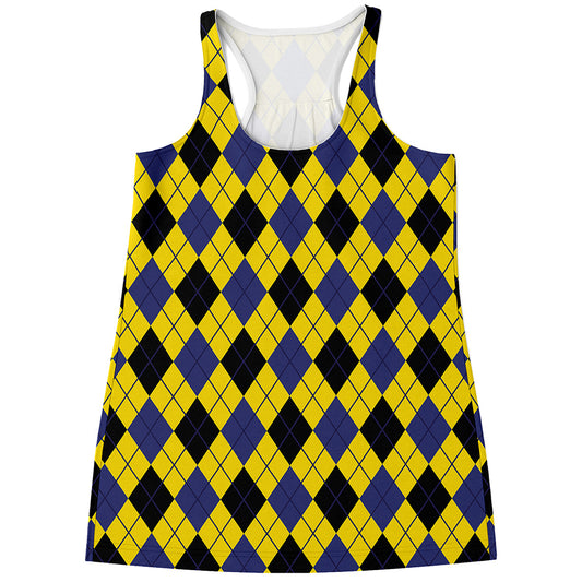 Yellow Blue And Black Argyle Print Women's Racerback Tank Top