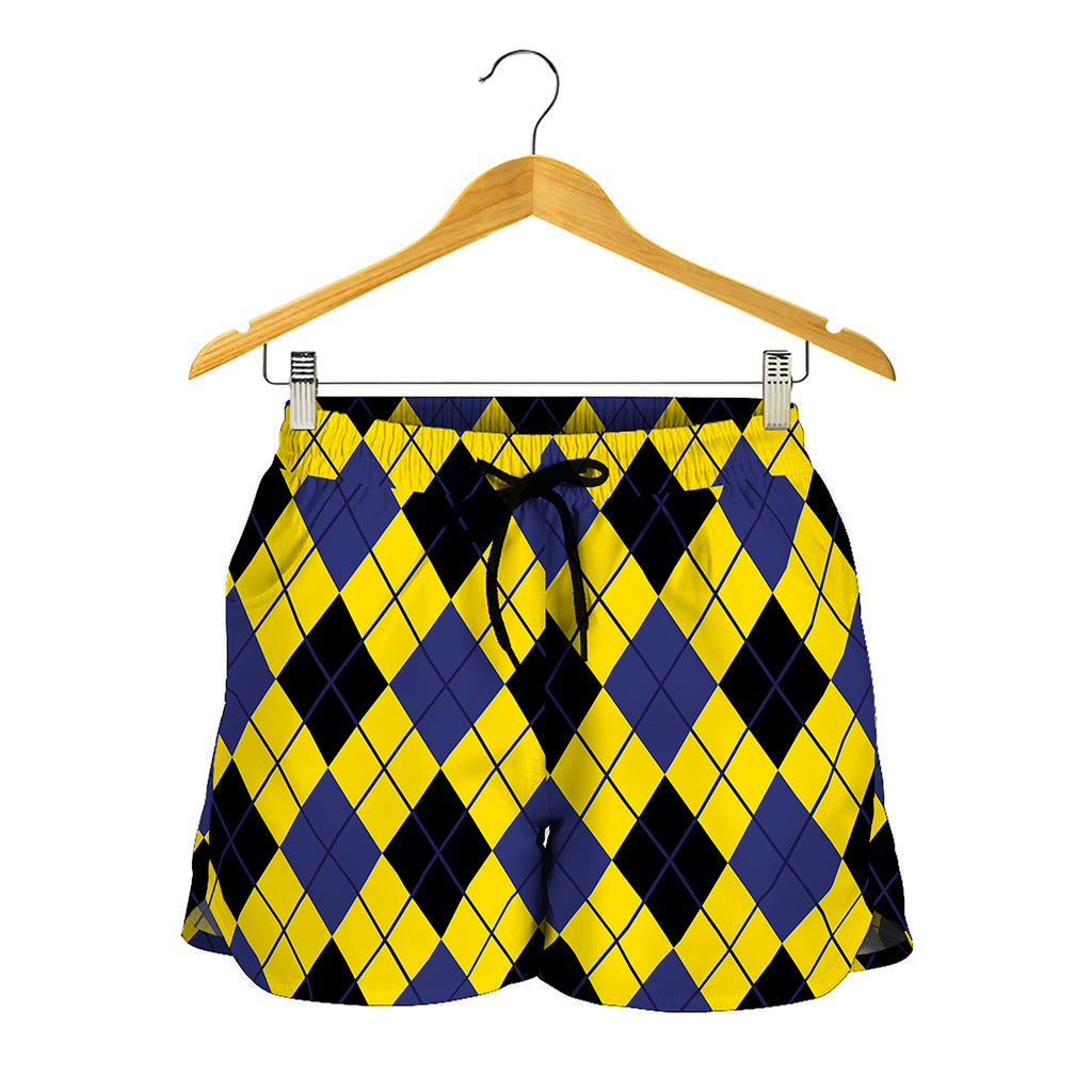 Yellow Blue And Black Argyle Print Women's Shorts
