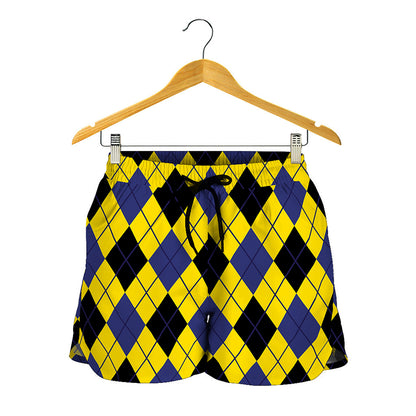 Yellow Blue And Black Argyle Print Women's Shorts