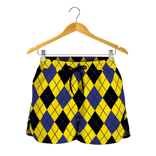 Yellow Blue And Black Argyle Print Women's Shorts