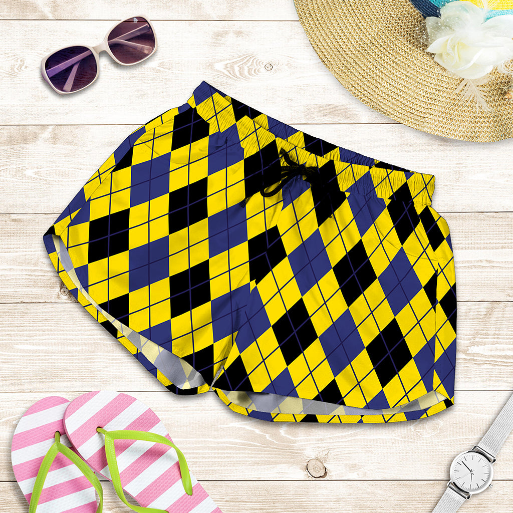 Yellow Blue And Black Argyle Print Women's Shorts