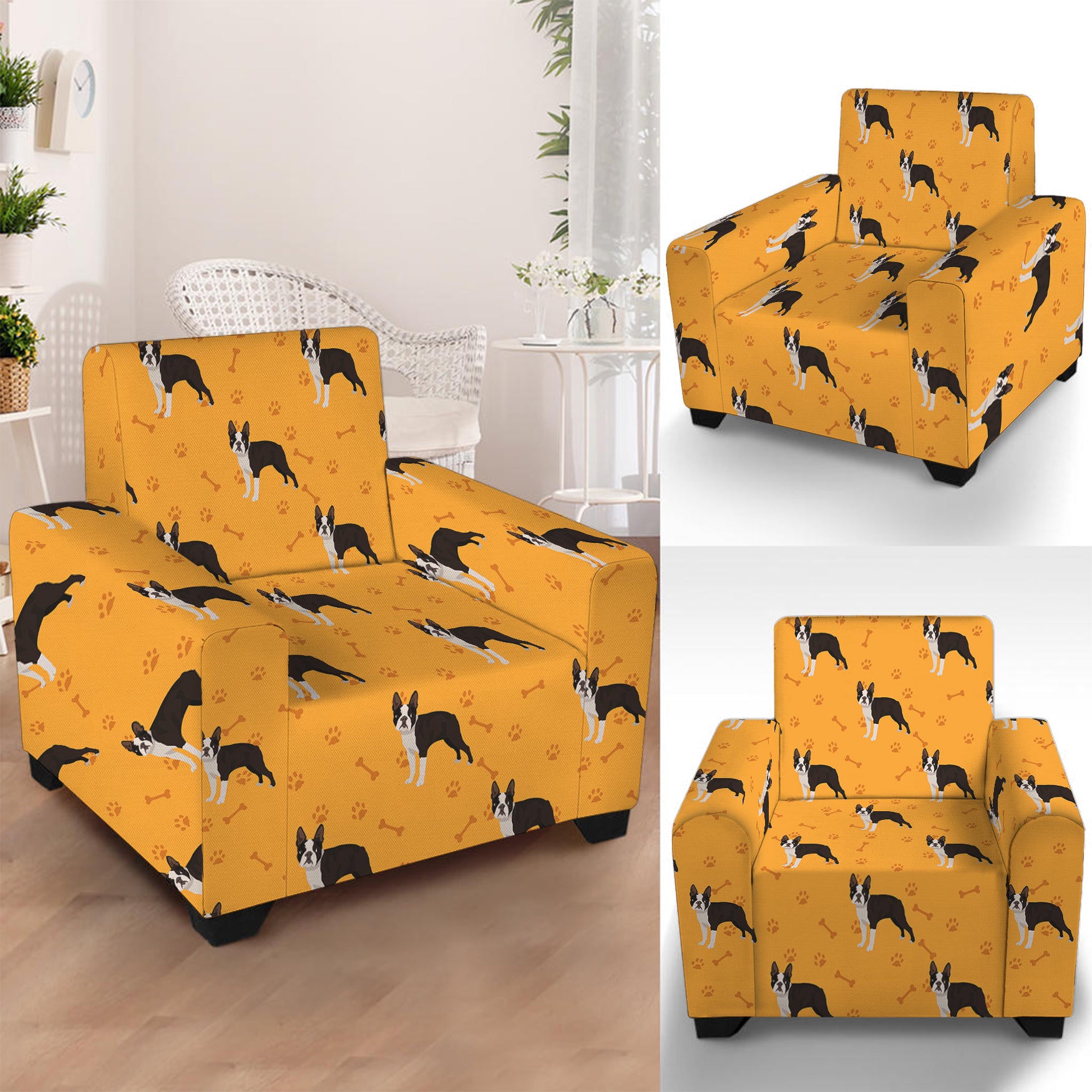 Yellow Boston Terrier Pattern Print Armchair Slipcover