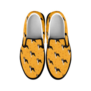 Yellow Boston Terrier Pattern Print Black Slip On Shoes