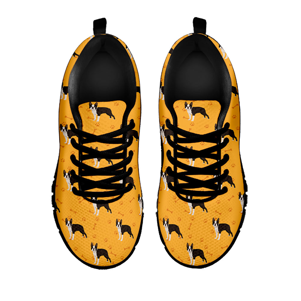 Yellow Boston Terrier Pattern Print Black Sneakers