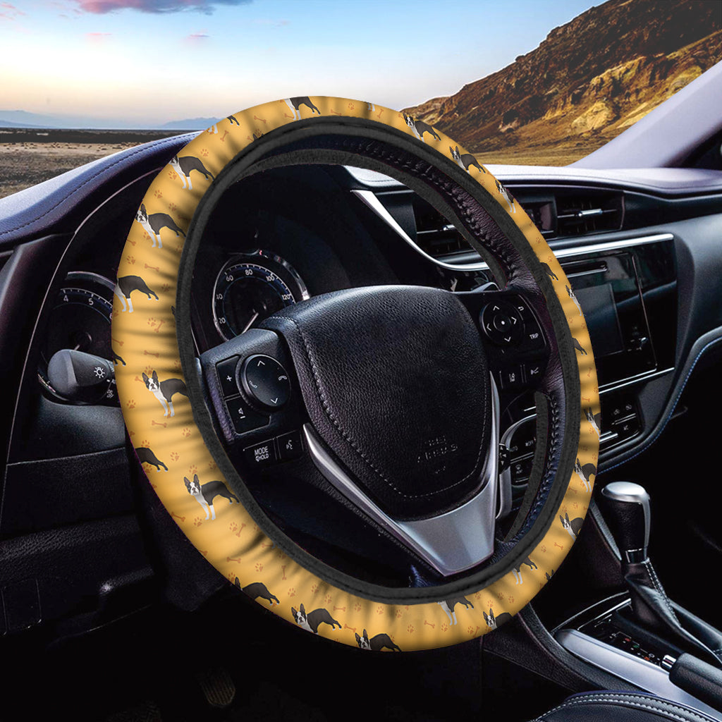 Yellow Boston Terrier Pattern Print Car Steering Wheel Cover