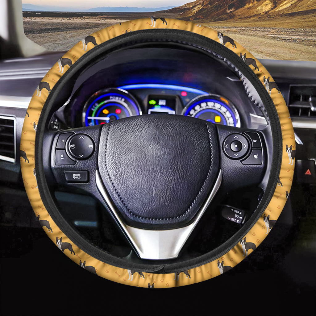 Yellow Boston Terrier Pattern Print Car Steering Wheel Cover