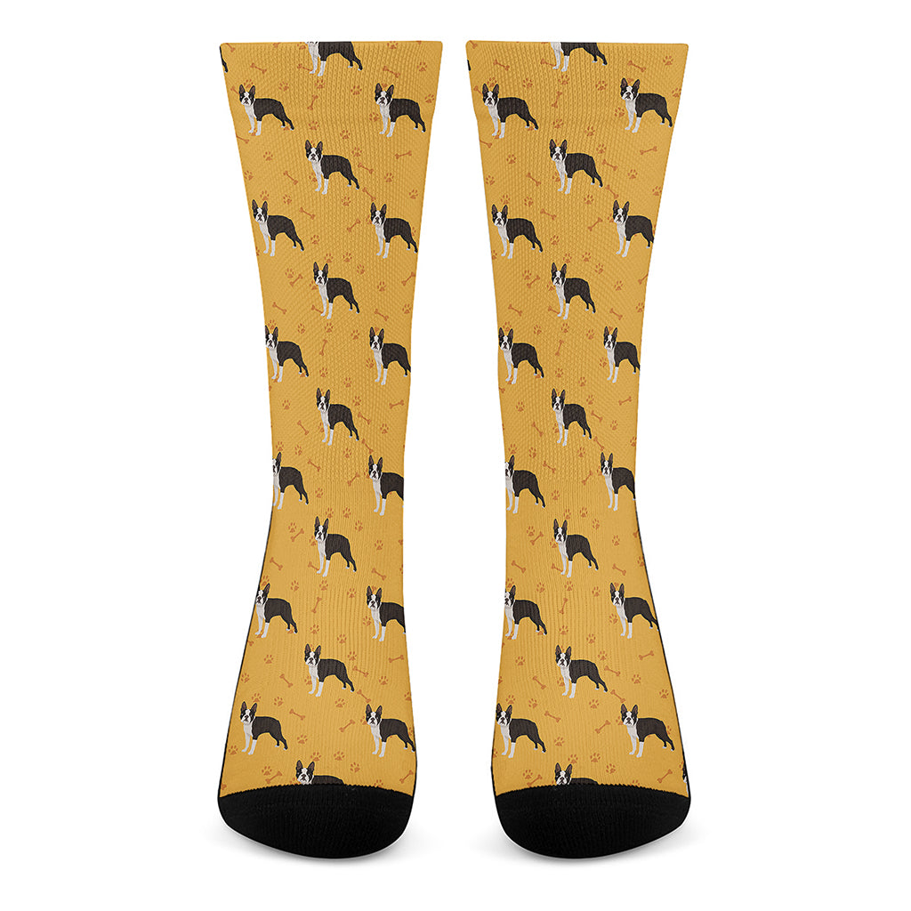 Yellow Boston Terrier Pattern Print Crew Socks