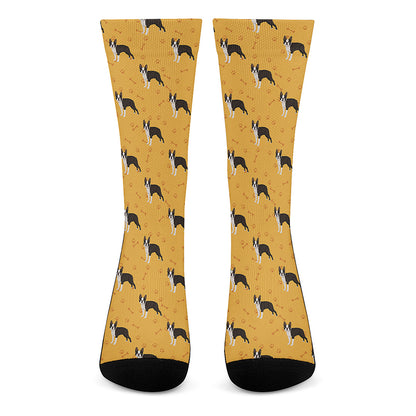 Yellow Boston Terrier Pattern Print Crew Socks