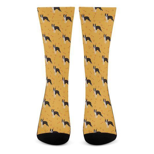 Yellow Boston Terrier Pattern Print Crew Socks