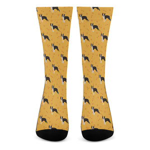 Yellow Boston Terrier Pattern Print Crew Socks