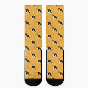 Yellow Boston Terrier Pattern Print Crew Socks