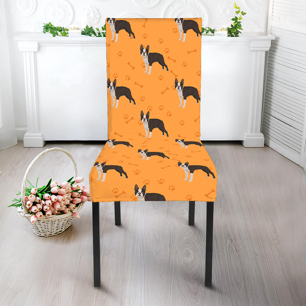 Yellow Boston Terrier Pattern Print Dining Chair Slipcover