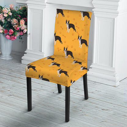 Yellow Boston Terrier Pattern Print Dining Chair Slipcover