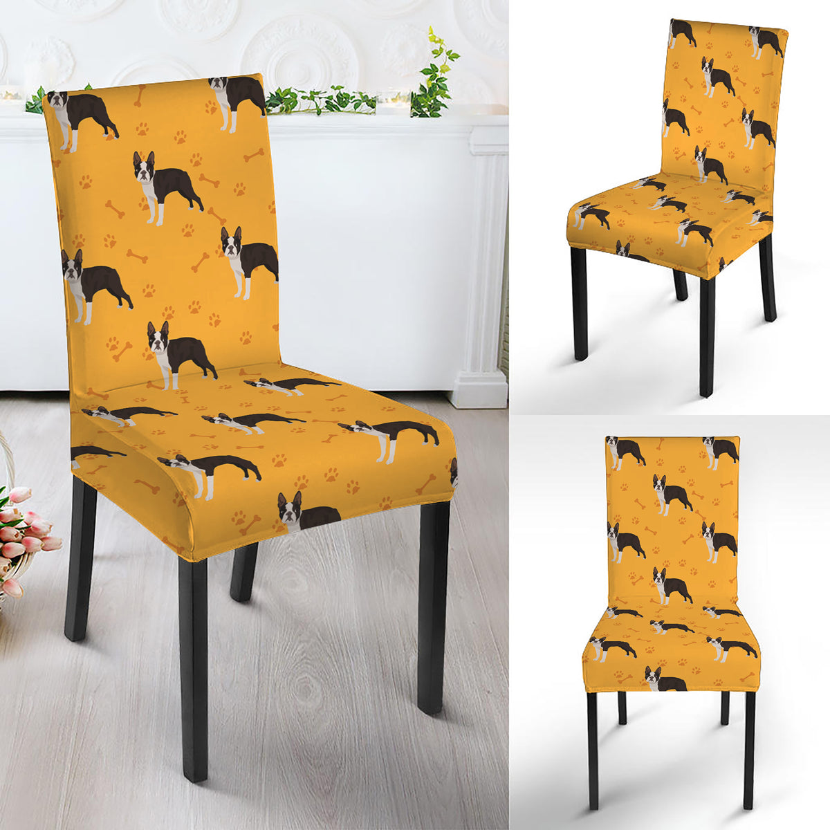Yellow Boston Terrier Pattern Print Dining Chair Slipcover