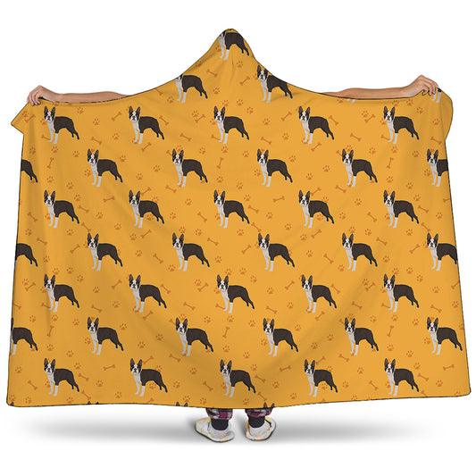 Yellow Boston Terrier Pattern Print Hooded Blanket