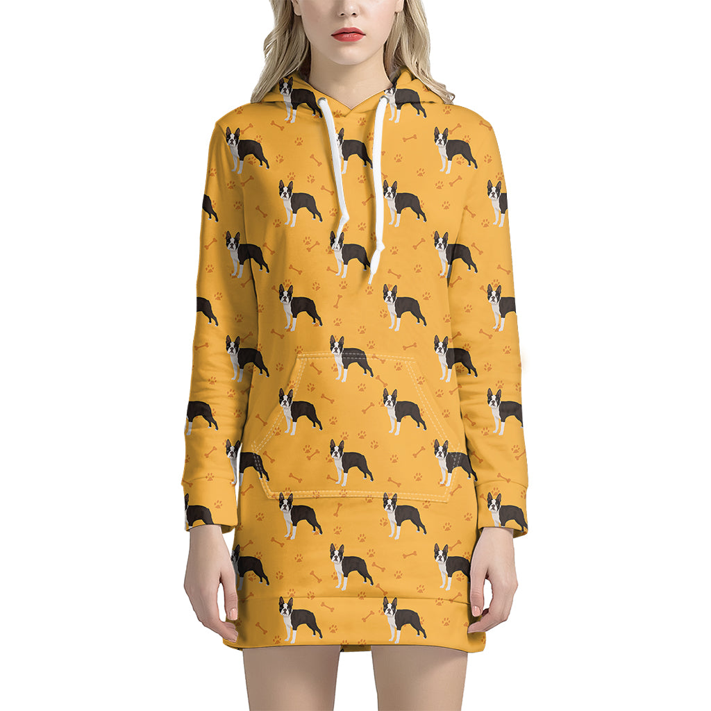 Yellow Boston Terrier Pattern Print Hoodie Dress