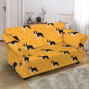 Yellow Boston Terrier Pattern Print Loveseat Slipcover