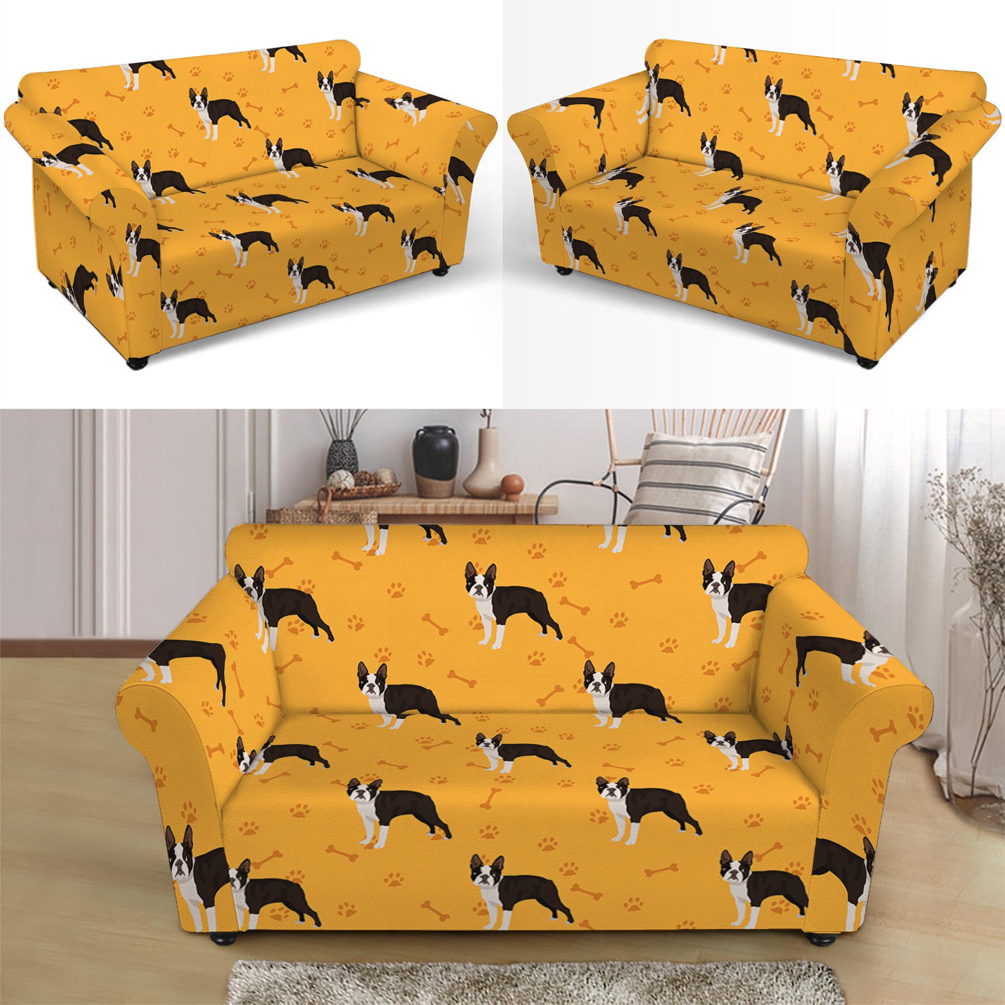 Yellow Boston Terrier Pattern Print Loveseat Slipcover