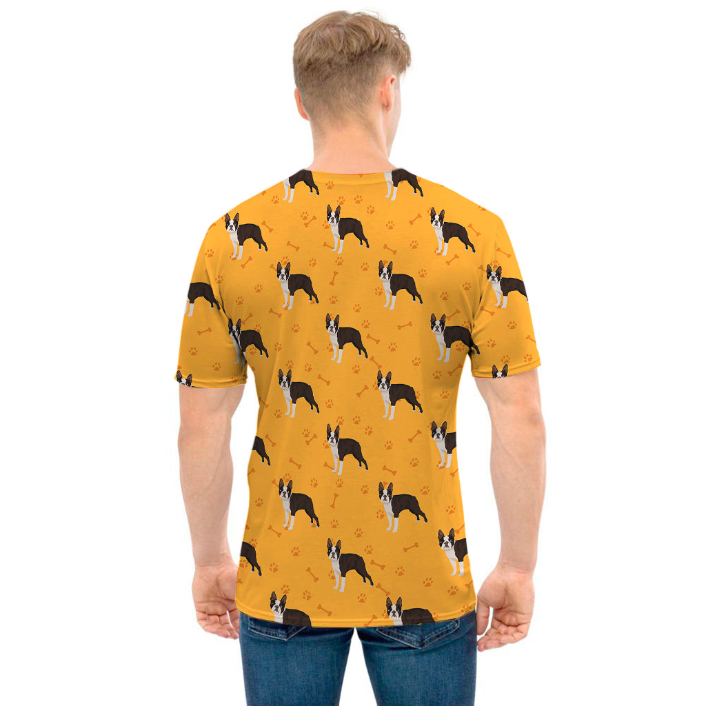 Yellow Boston Terrier Pattern Print Men's T-Shirt